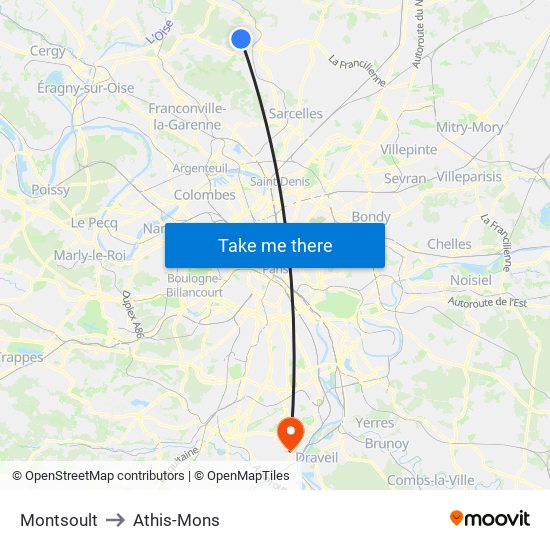 Montsoult to Athis-Mons map