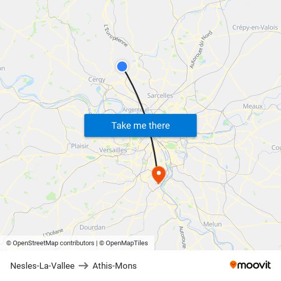 Nesles-La-Vallee to Athis-Mons map