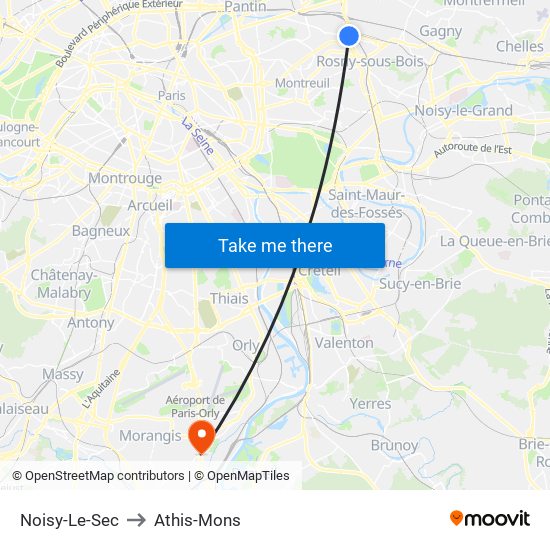 Noisy-Le-Sec to Athis-Mons map