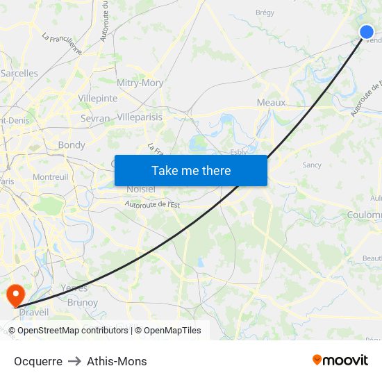 Ocquerre to Athis-Mons map