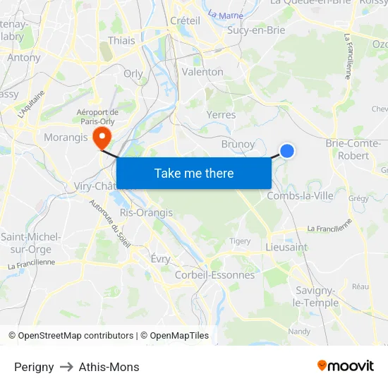 Perigny to Athis-Mons map