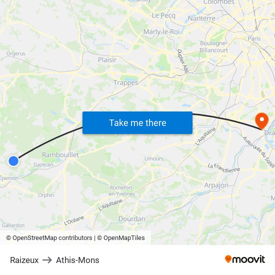 Raizeux to Athis-Mons map