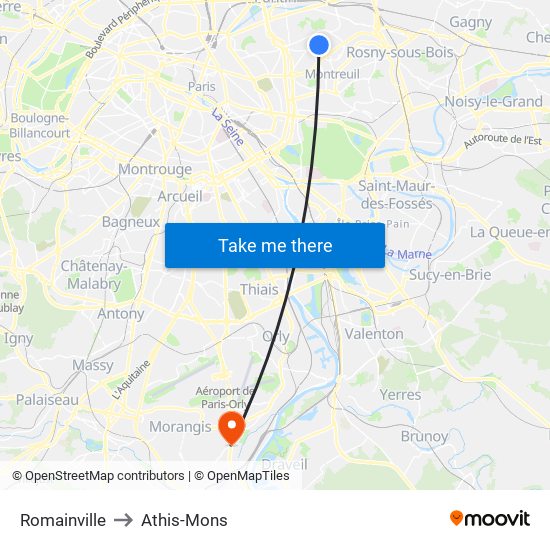 Romainville to Athis-Mons map