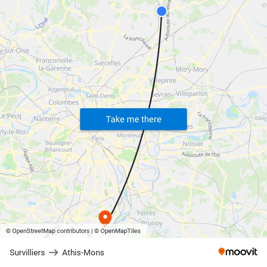 Survilliers to Athis-Mons map