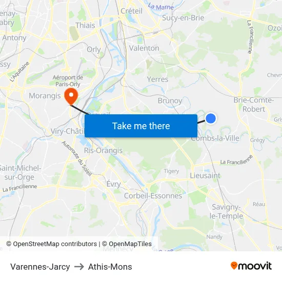 Varennes-Jarcy to Athis-Mons map