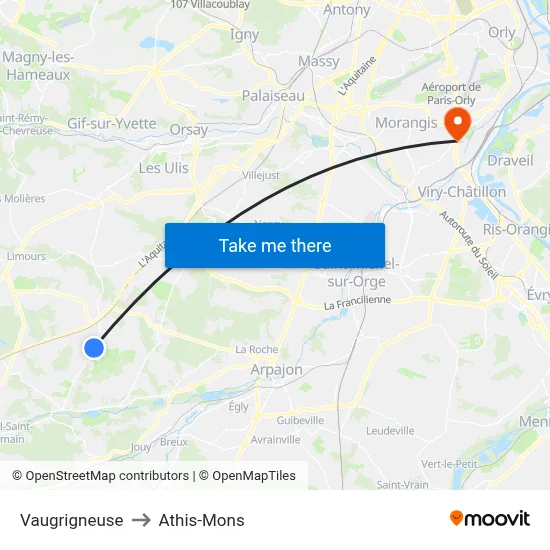 Vaugrigneuse to Athis-Mons map