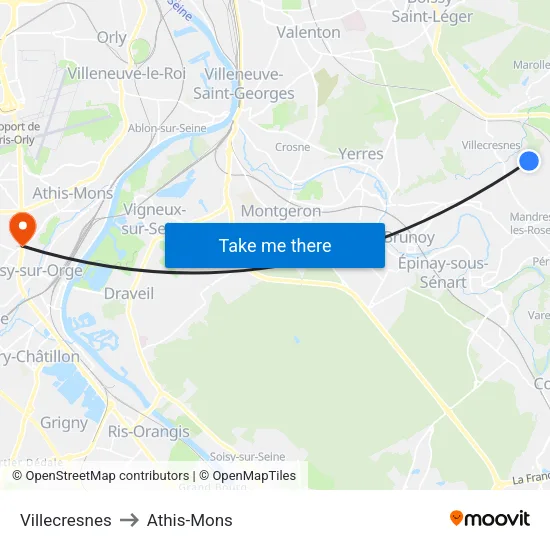 Villecresnes to Athis-Mons map