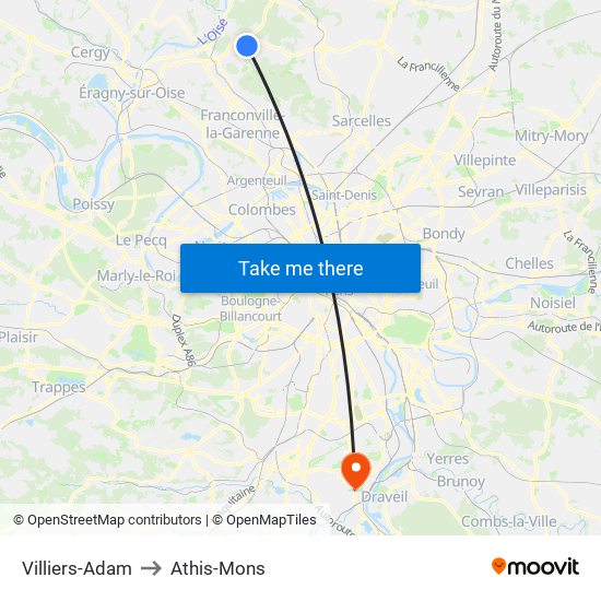 Villiers-Adam to Athis-Mons map