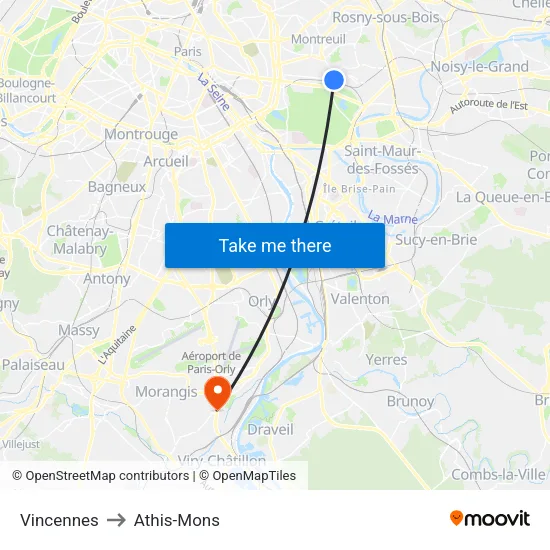 Vincennes to Athis-Mons map