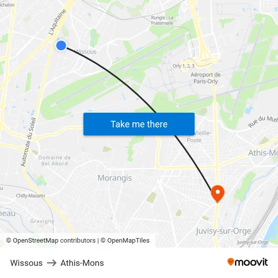 Wissous to Athis-Mons map