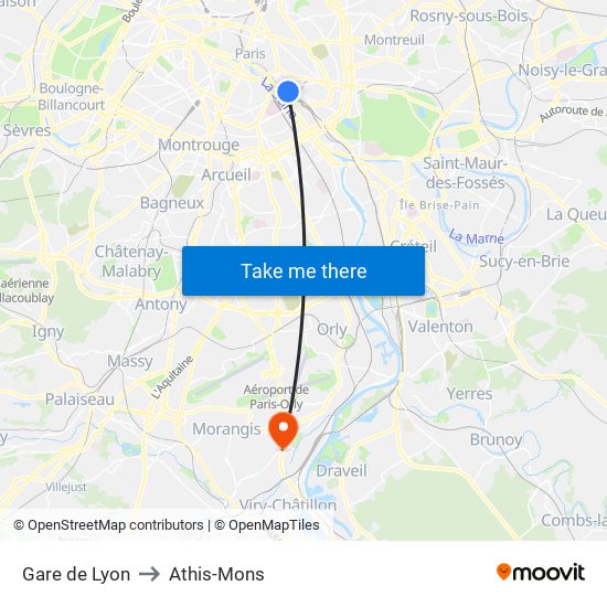 Gare de Lyon to Athis-Mons map