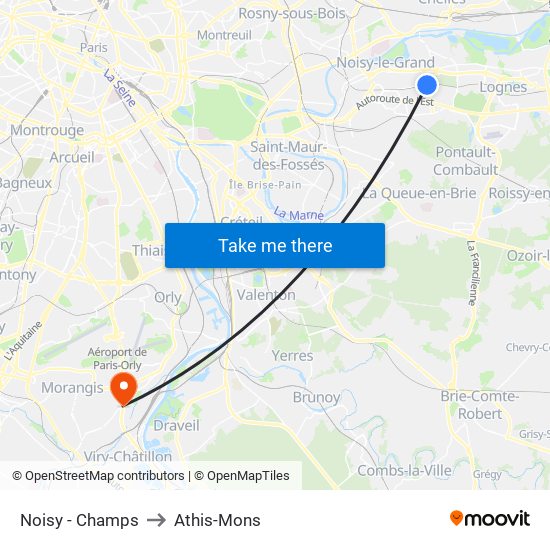 Noisy - Champs to Athis-Mons map