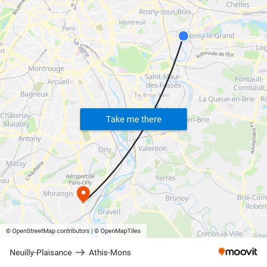 Neuilly-Plaisance to Athis-Mons map