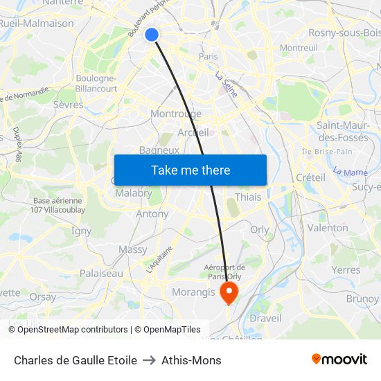 Charles de Gaulle Etoile to Athis-Mons map