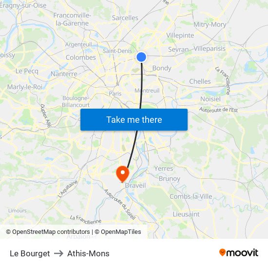 Le Bourget to Athis-Mons map