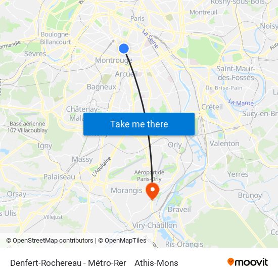 Denfert-Rochereau - Métro-Rer to Athis-Mons map