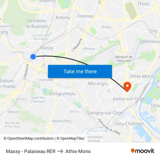 Massy - Palaiseau RER to Athis-Mons map