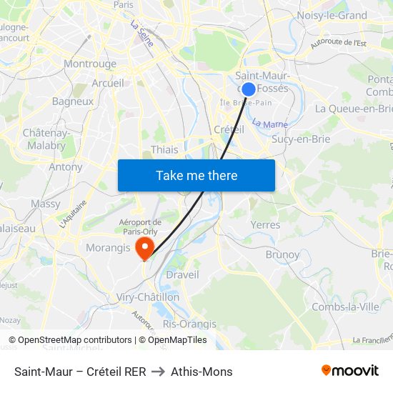 Saint-Maur – Créteil RER to Athis-Mons map