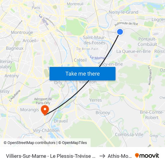 Villiers-Sur-Marne - Le Plessis-Trévise RER to Athis-Mons map