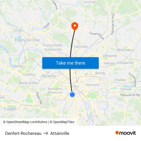 Denfert-Rochereau to Attainville map