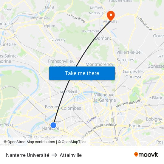 Nanterre Université to Attainville map