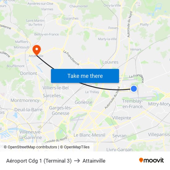 Aéroport Cdg 1 (Terminal 3) to Attainville map