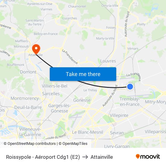 Roissypole - Aéroport Cdg1 (E2) to Attainville map