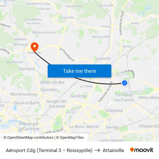 Aéroport Cdg (Terminal 3 – Roissypôle) to Attainville map