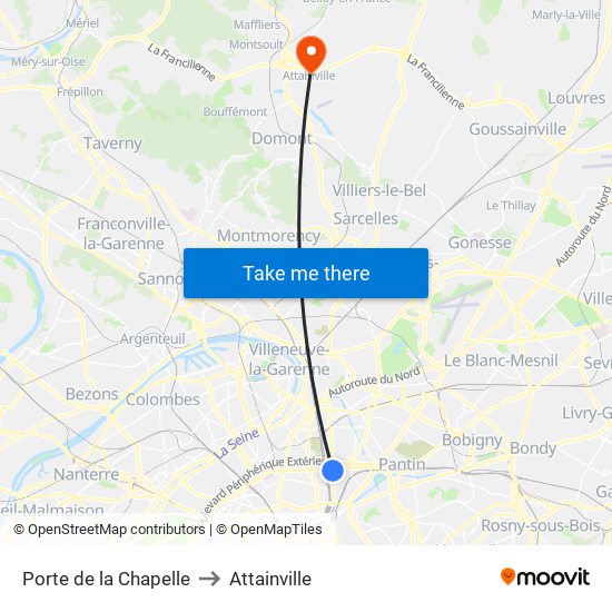 Porte de la Chapelle to Attainville map
