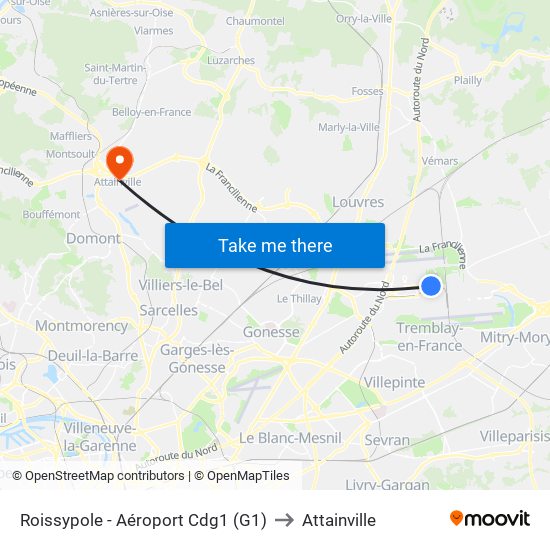 Roissypole - Aéroport Cdg1 (G1) to Attainville map