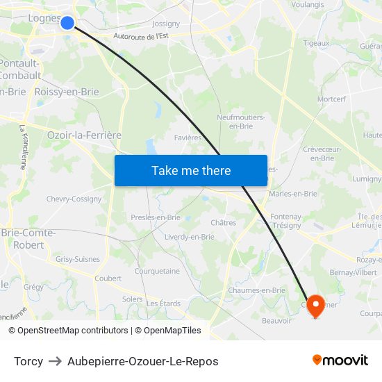 Torcy to Aubepierre-Ozouer-Le-Repos map