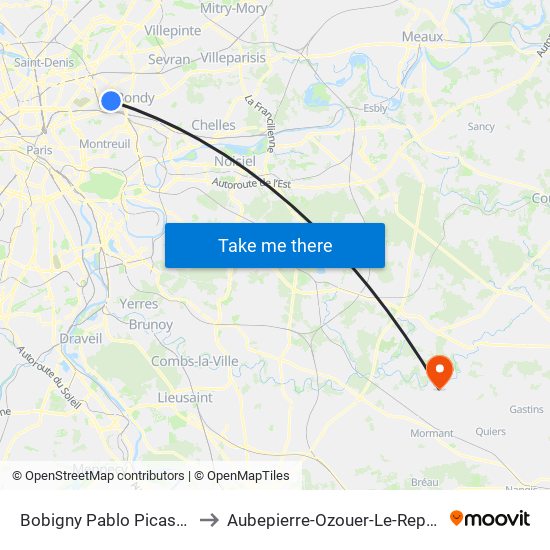 Bobigny Pablo Picasso to Aubepierre-Ozouer-Le-Repos map