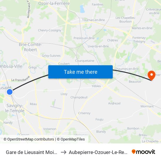 Gare de Lieusaint Moissy to Aubepierre-Ozouer-Le-Repos map