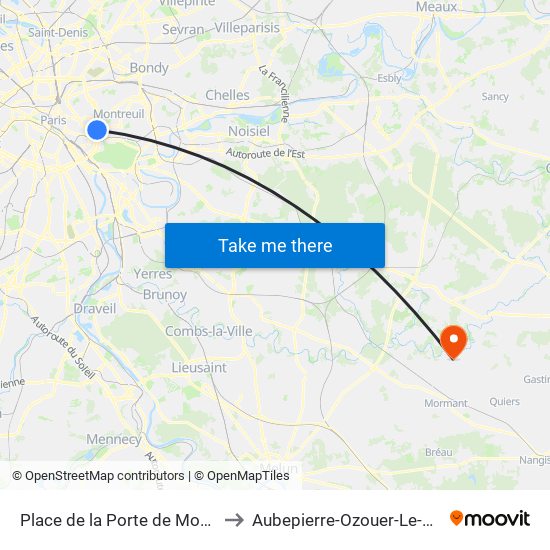 Place de la Porte de Montreuil to Aubepierre-Ozouer-Le-Repos map