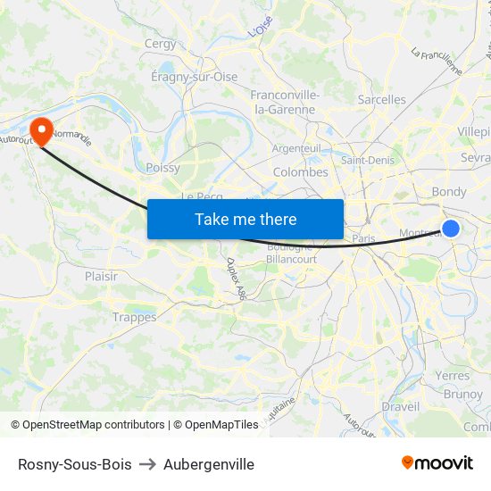 Rosny-Sous-Bois to Aubergenville map