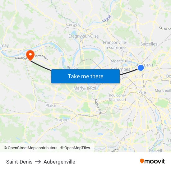 Saint-Denis to Aubergenville map