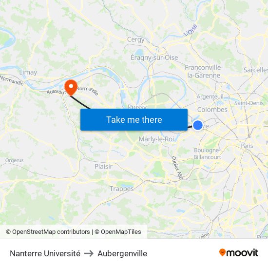 Nanterre Université to Aubergenville map