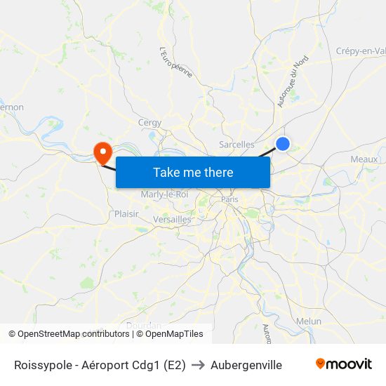 Roissypole - Aéroport Cdg1 (E2) to Aubergenville map