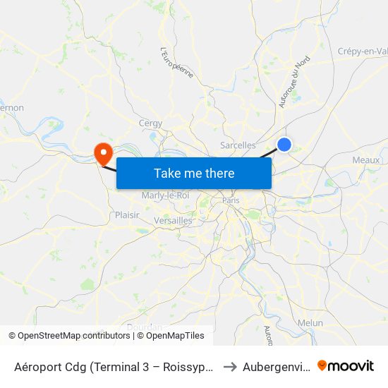 Aéroport Cdg (Terminal 3 – Roissypôle) to Aubergenville map