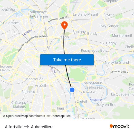 Alfortville to Aubervilliers map