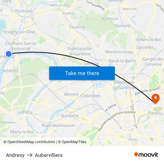 Andresy to Aubervilliers map