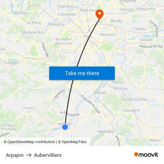 Arpajon to Aubervilliers map
