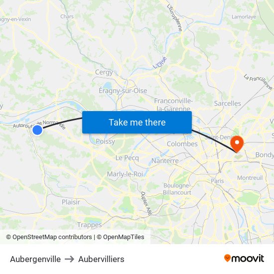 Aubergenville to Aubervilliers map