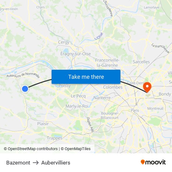 Bazemont to Aubervilliers map