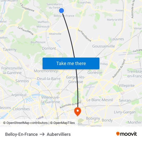 Belloy-En-France to Aubervilliers map