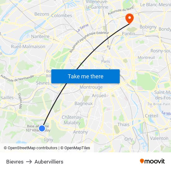 Bievres to Aubervilliers map