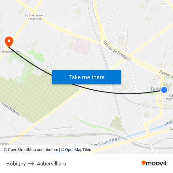 Bobigny to Aubervilliers map
