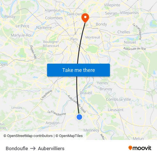 Bondoufle to Aubervilliers map