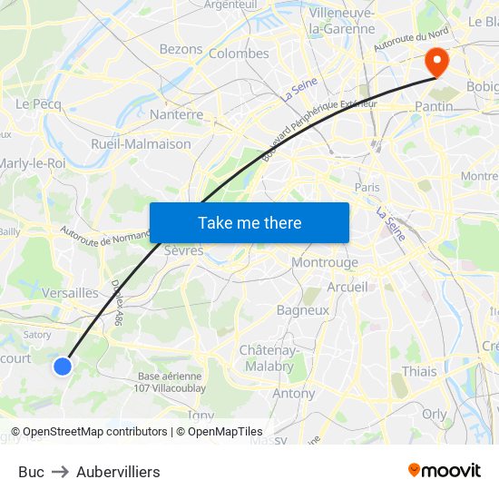 Buc to Aubervilliers map