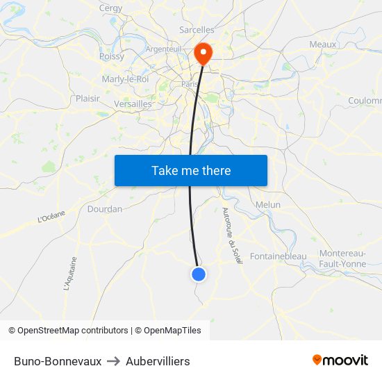 Buno-Bonnevaux to Aubervilliers map